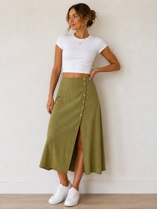 Urban Outfitters Dresses & Skirts - $79 Retail Urban Outfitters Olive Green Button Front Midi Skirt Linen Viscose